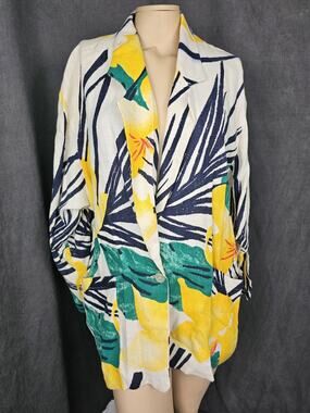 VTG Paula Saker 100% Linen Tropical Floral Blazer Jacket Size 8 Hawaii Resort